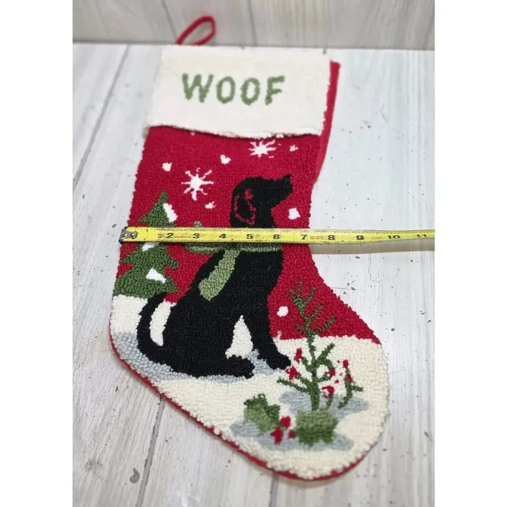 Vintage Dog Latch Hook Woof Christmas Stocking Black Lab Winter Scene Holiday